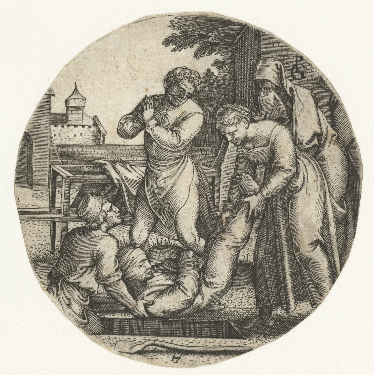 Man en vrouw begraven een dode by Unknown, print, 1534