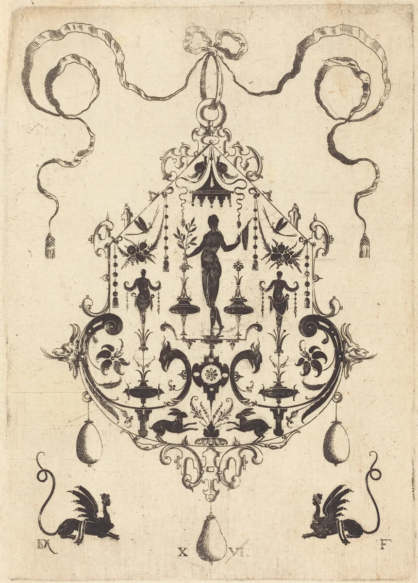 Large Pendant, Victory Flanked by Two Herms at Centre by Daniel Mignot, print, 1596