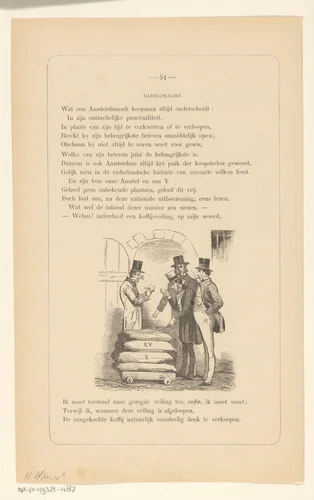 Vier mannen staand rondom een kar met vier volle zakken by Isaac Weissenbruch, print, 1872
