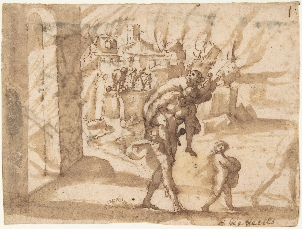 Aeneas Carrying Anchises in the Burning of Troy by Francesco Allegrini, drawing, 1624-1663