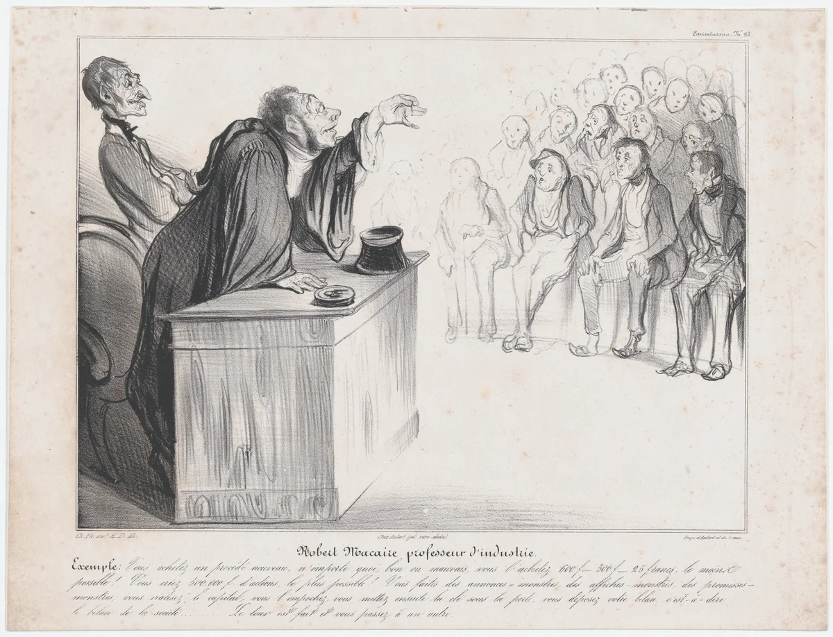 Plate 23: Robert Macaire, Professor of Industry, from 'Caricaturana,' published in Les Robert Macaires by Honoré Daumier, print, 1838