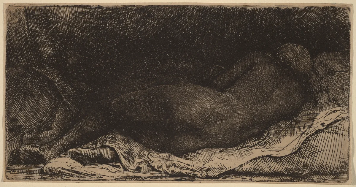 Reclining Female Nude by Rembrandt van Rijn, print, 1658