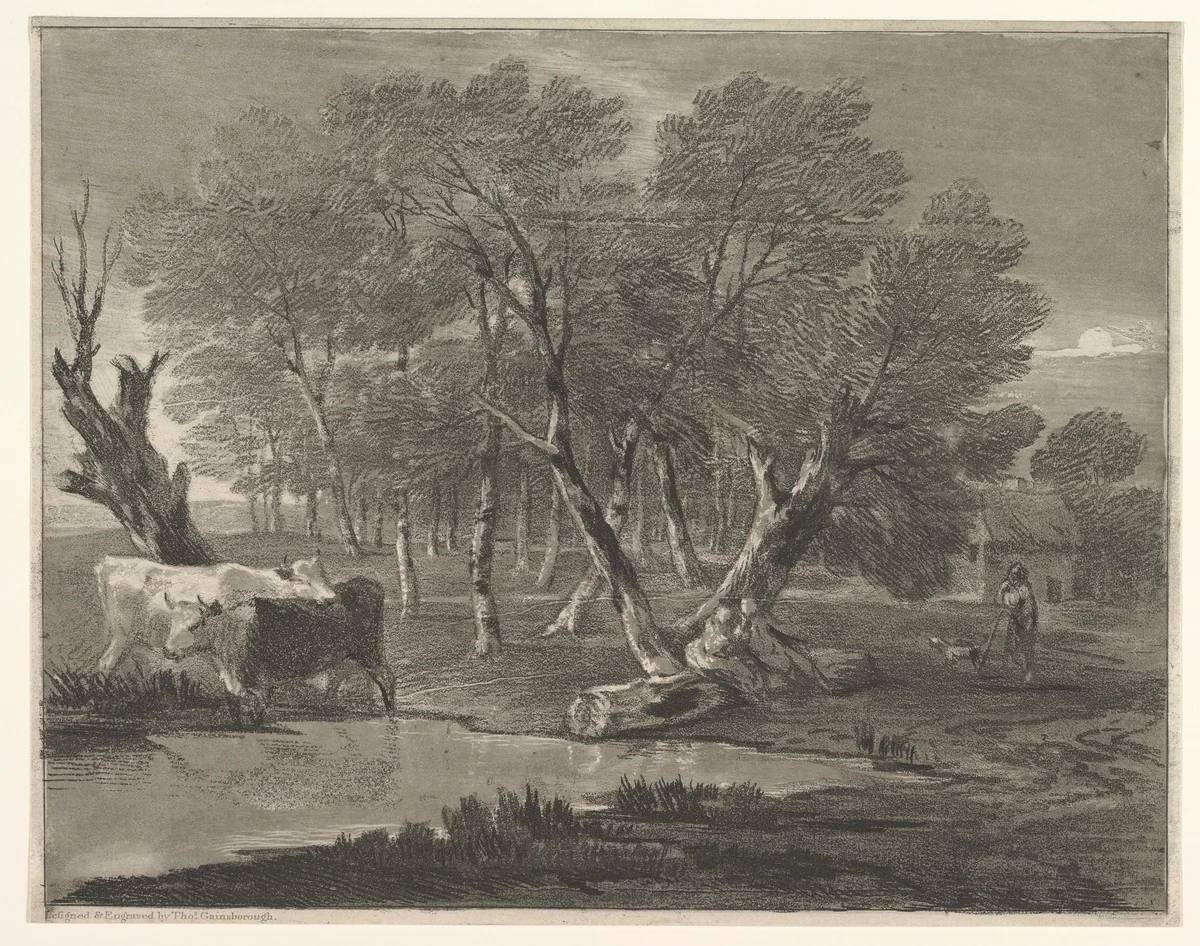 Wooded Landscape with Cows beside a Pool, Figures and Cottage by Thomas Gainsborough, print, 1775-1780