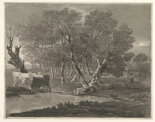 Wooded Landscape with Cows beside a Pool, Figures and Cottage by Thomas Gainsborough, print, 1775-1780