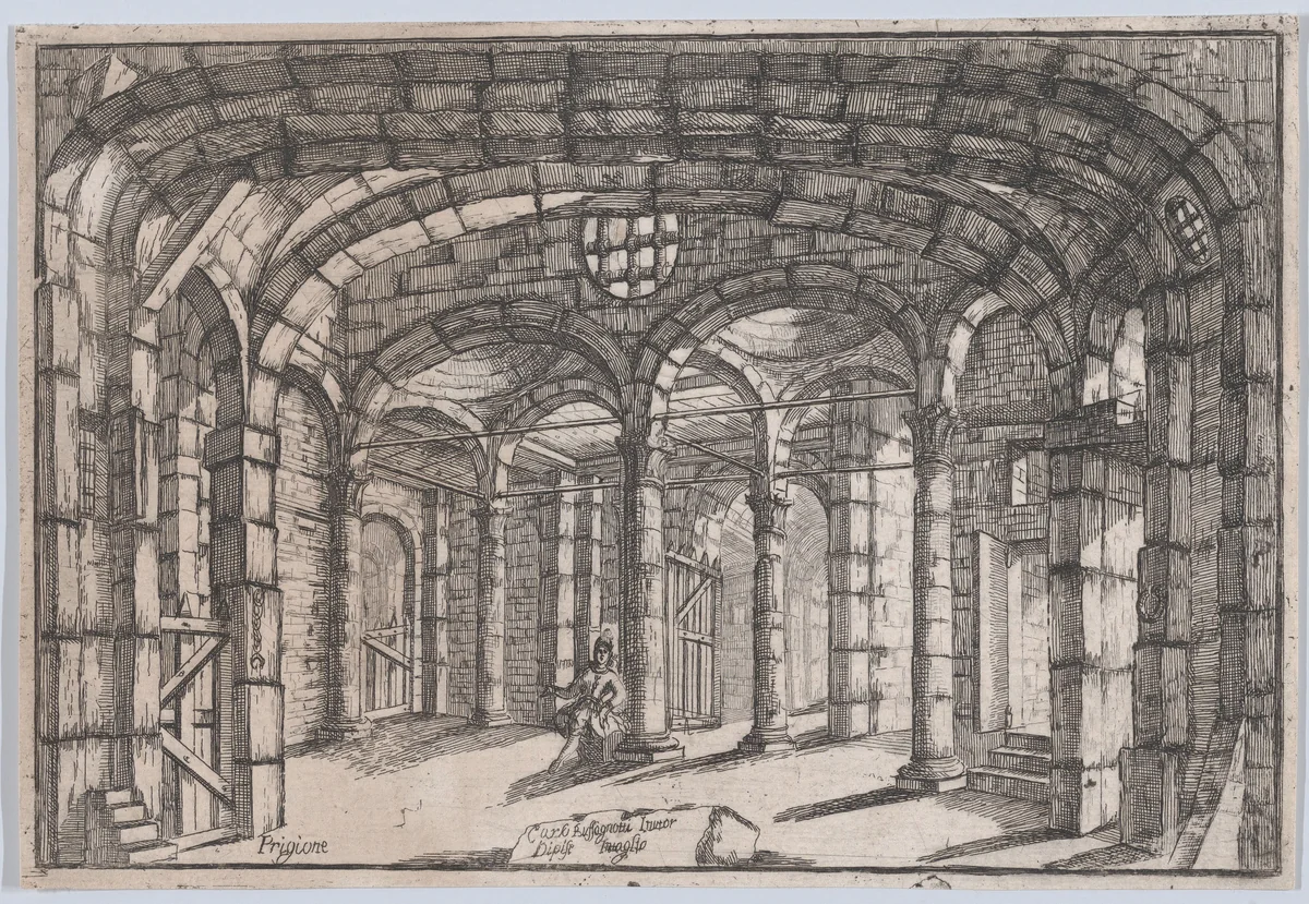 Interior of a prison in which sits a woman (possibly a theatre set) by Carlo Antonio Buffagnotti, print, 1680-1710