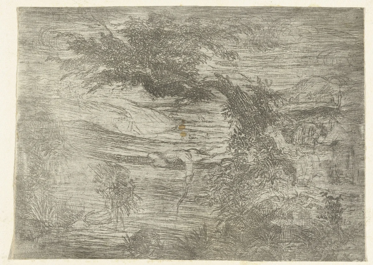 Landschap met visser by Rodolphe Bresdin, print, 1843