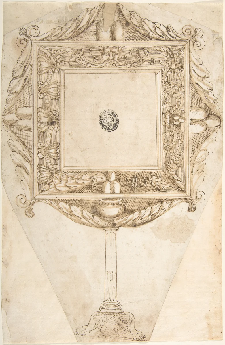 Design for a Mirror with the Sigil of Three Mountains (Family Crest of the Monti?) by anonymous, drawing, 1500-1600