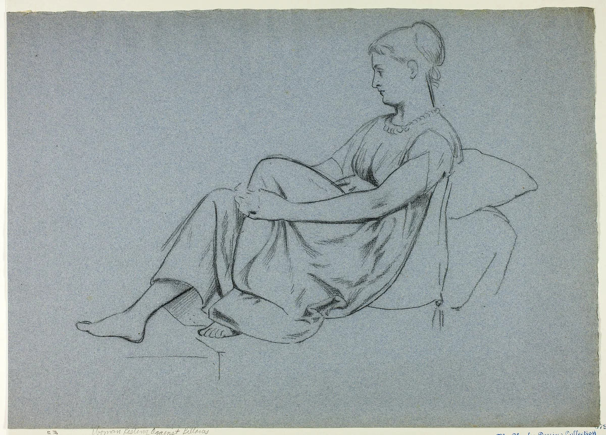Woman Resting Against Pillows Clasping Her Knee by Henry Stacy Marks, drawing, 1849-1898