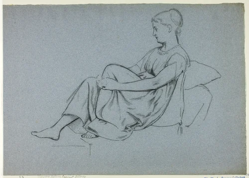 Woman Resting Against Pillows Clasping Her Knee by Henry Stacy Marks, drawing, 1849-1898