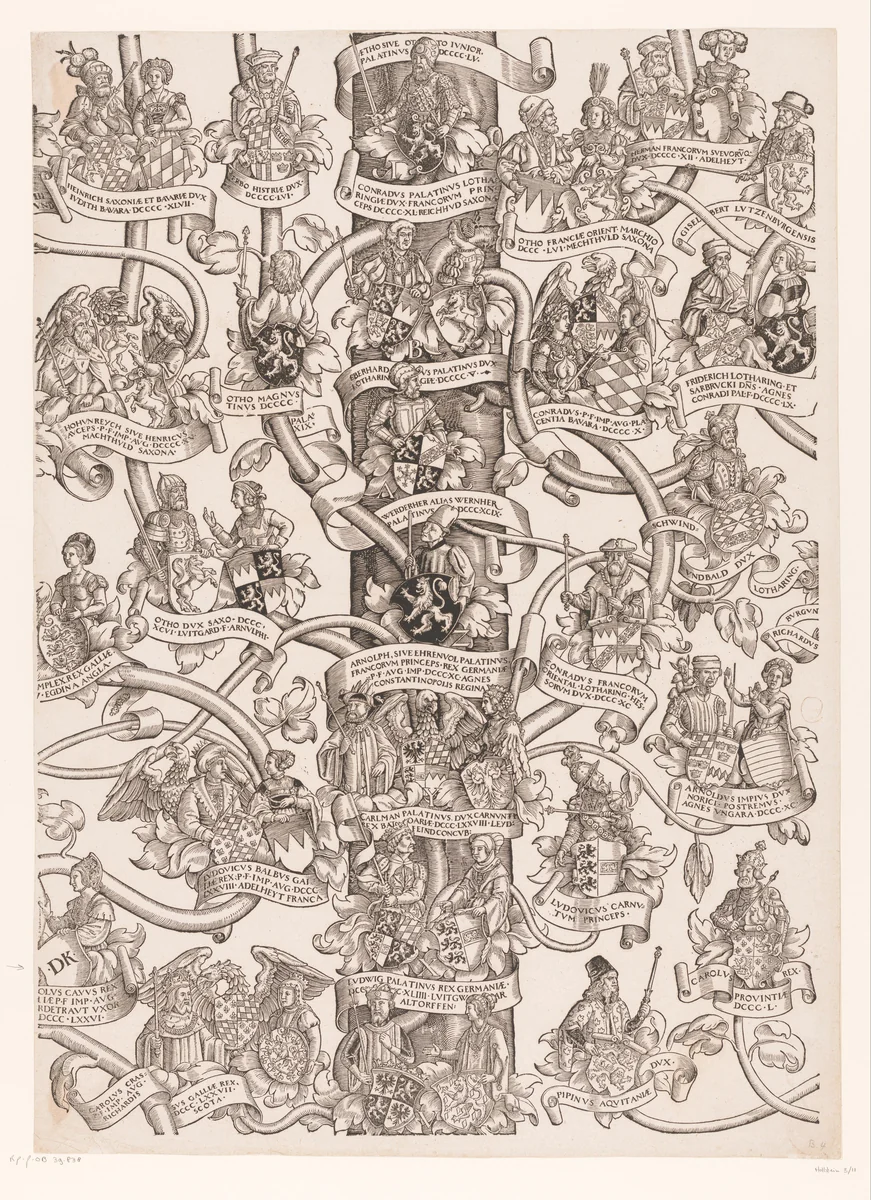 Stamboom van Frederik en Ottheinrich van Palts-Neuburg (plaat 11) by Jakob Clauser, print, 1535-1594