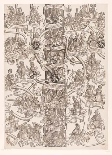 Stamboom van Frederik en Ottheinrich van Palts-Neuburg (plaat 11) by Jakob Clauser, print, 1535-1594