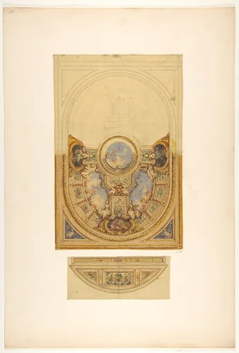 Design for the decoration of an oval ceiling with putti and garlands; with a detail of a lunette by Jules-Edmond-Charles Lachaise, drawing, 1830-1897