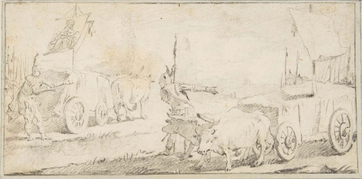 Illustration for a Book: Soldiers Driving Ox Carts with Banners by Giovanni Battista Tiepolo, drawing, 1696-1770