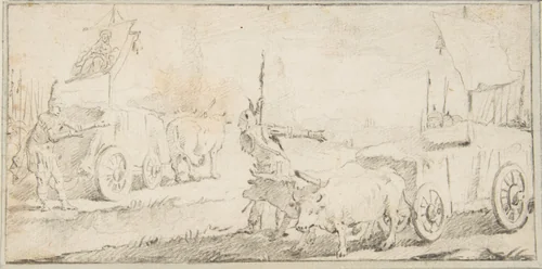 Illustration for a Book: Soldiers Driving Ox Carts with Banners by Giovanni Battista Tiepolo, drawing, 1696-1770