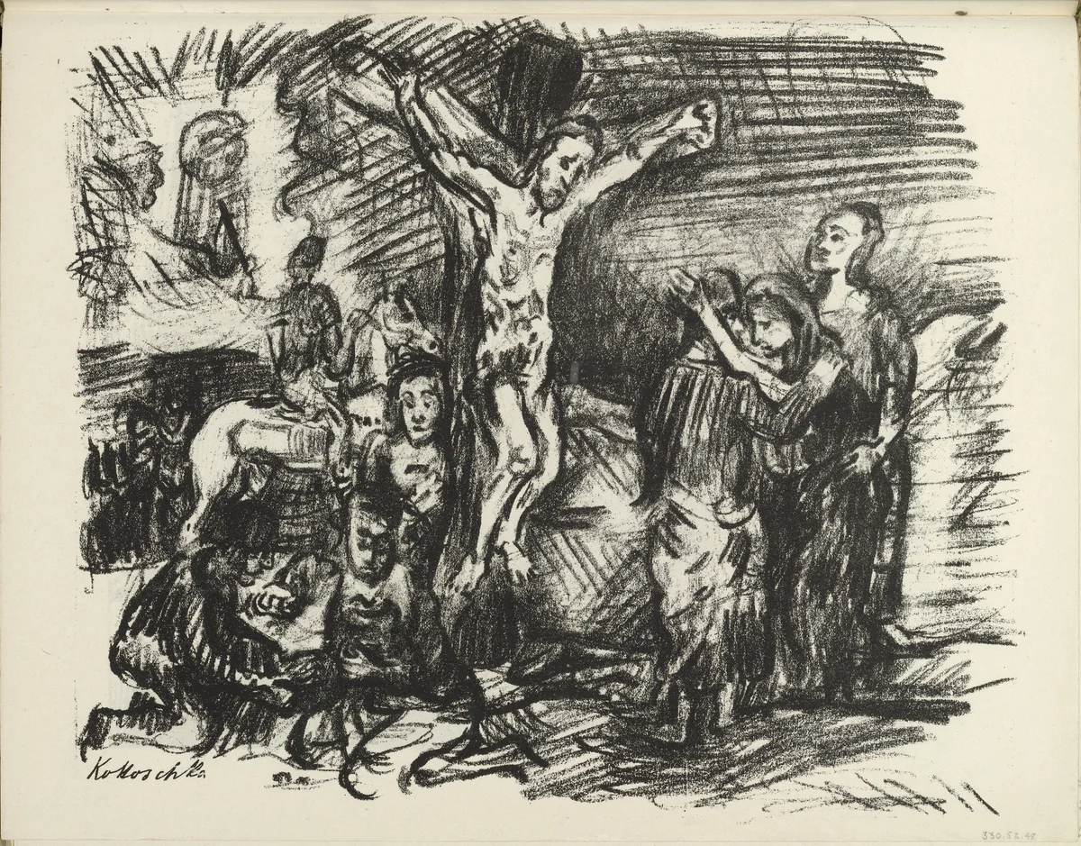 The Crucifixion (Der Gekreuzigte) (plate, foilo 25 verso) from the periodical Der Bildermann, vol. 1, no. 12 (Sept 1916) by Oskar Kokoschka, periodical, 1916