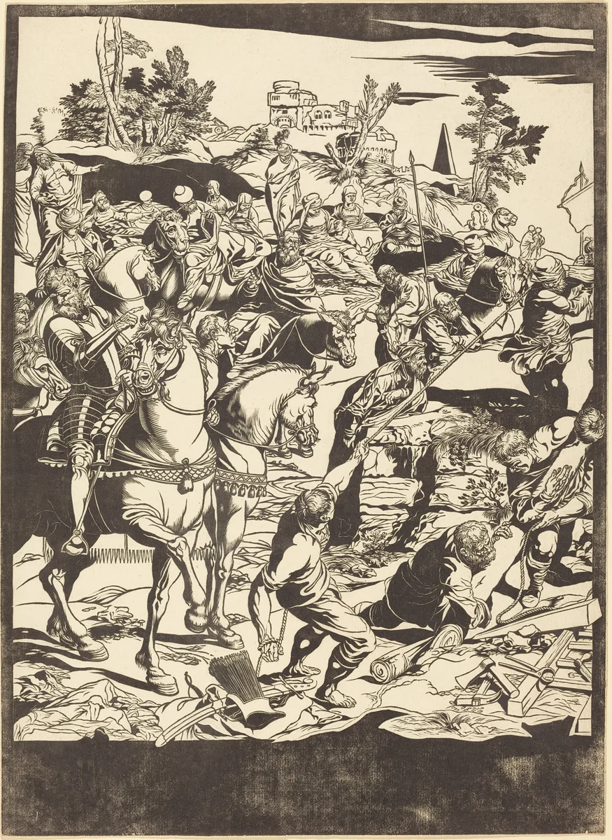 The Crucifixion [left plate] by John Baptist Jackson, print, 1741