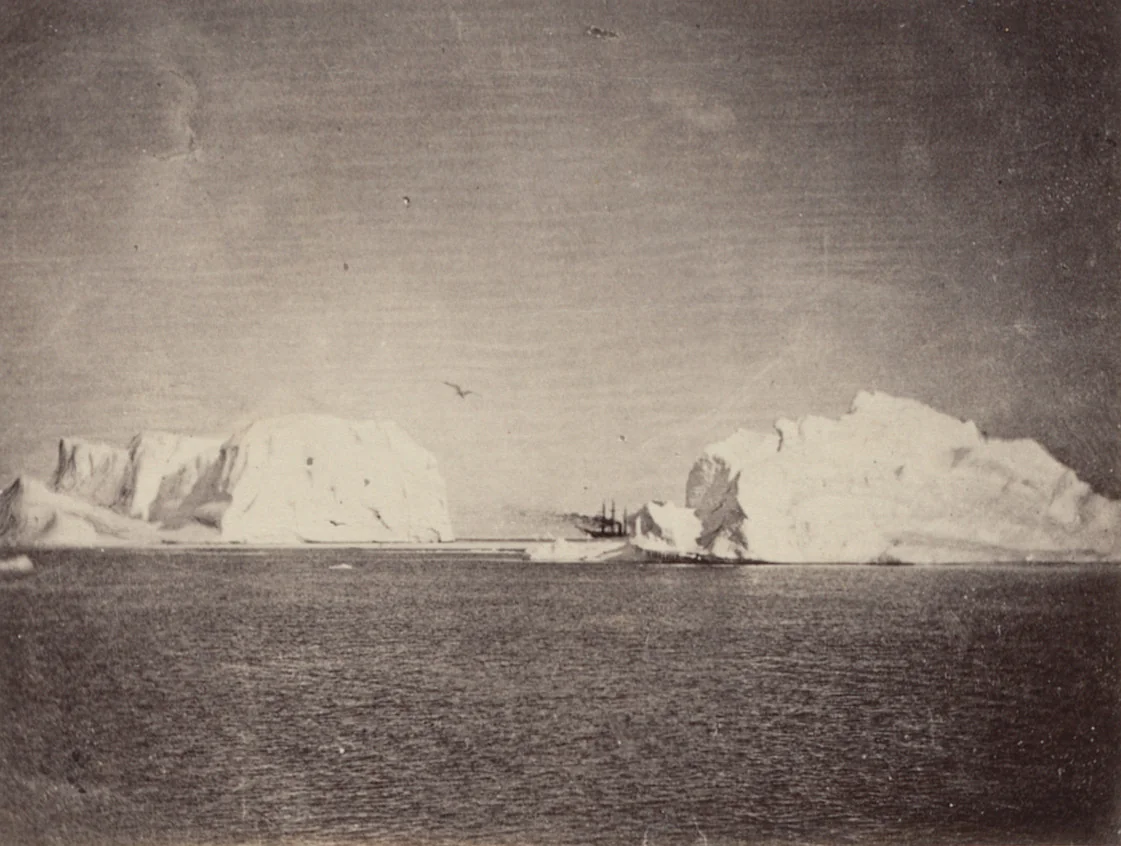 "The steamer among the icebergs heading to the northward" by George P. Critcherson, John L. Dunmore, William Bradford, photograph, 1869