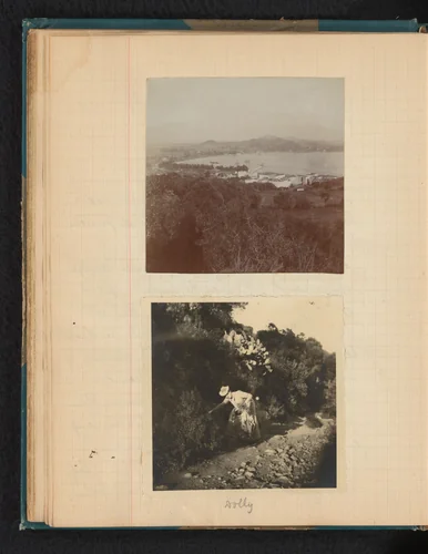 Gezicht op Ajaccio en Dina (Dolly) Amelia van Emden die takken plukt van een struik by Théodore van Lelyveld, book, 1902-1904