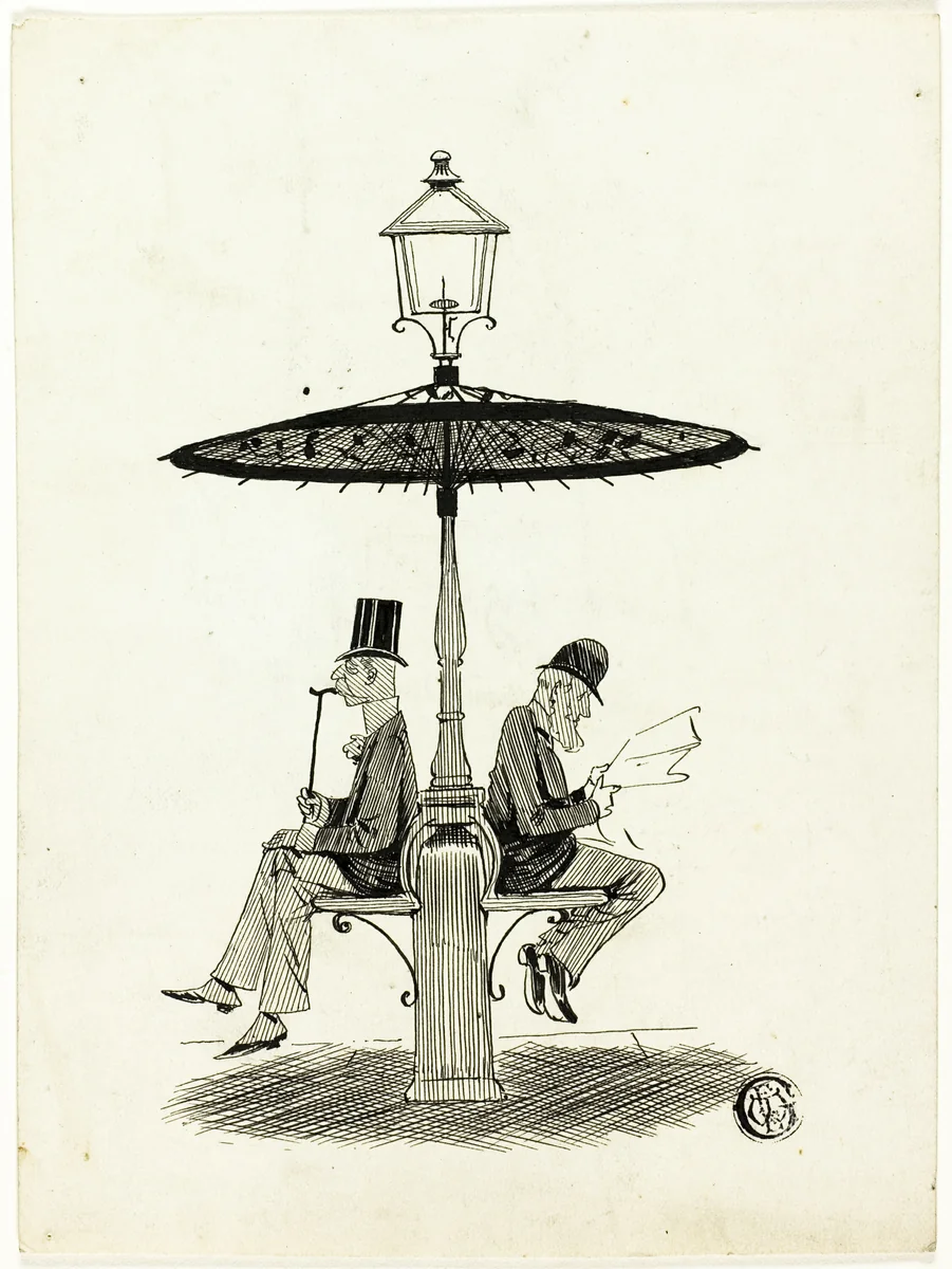 Two Gentlemen Seated Under Lamp Post with Japanese Umbrella by S.F. Paynter, drawing, 1850-1911