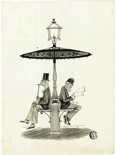 Two Gentlemen Seated Under Lamp Post with Japanese Umbrella by S.F. Paynter, drawing, 1850-1911