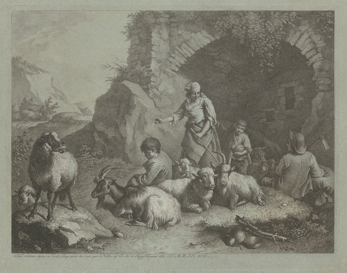 Woman, Shepherd Boys, and Sheep near an Arch by Francesco Londonio, print, 1723-1783
