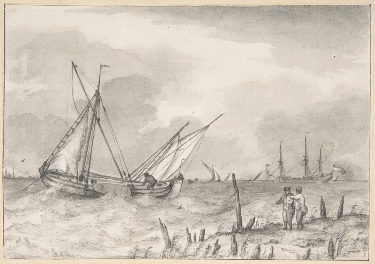 Choppy Sea with Boats near the Coast by Pieter van Everdingen, drawing, 1648-1739