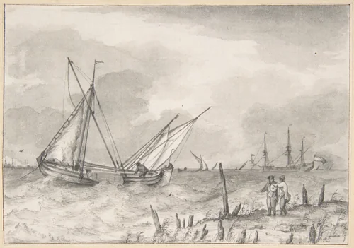 Choppy Sea with Boats near the Coast by Pieter van Everdingen, drawing, 1648-1739