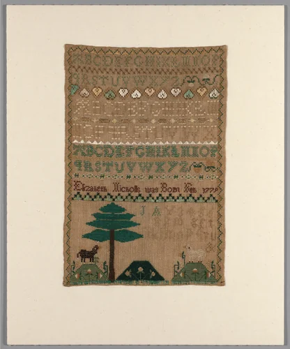 Sampler by Elizabeth Nicholls, textile, 1767-1800