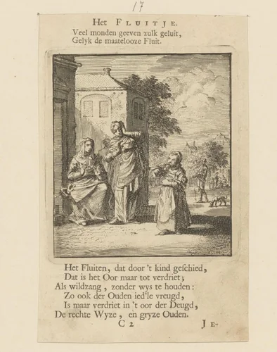 Kind blaast op een fluitje en een omstander houdt haar oren dicht by Jan Luyken, print, 1712