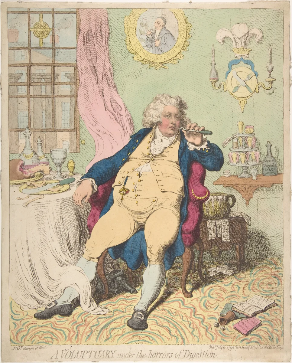 A Voluptuary Under the Horrors of Digestion by James Gillray, print, 1792