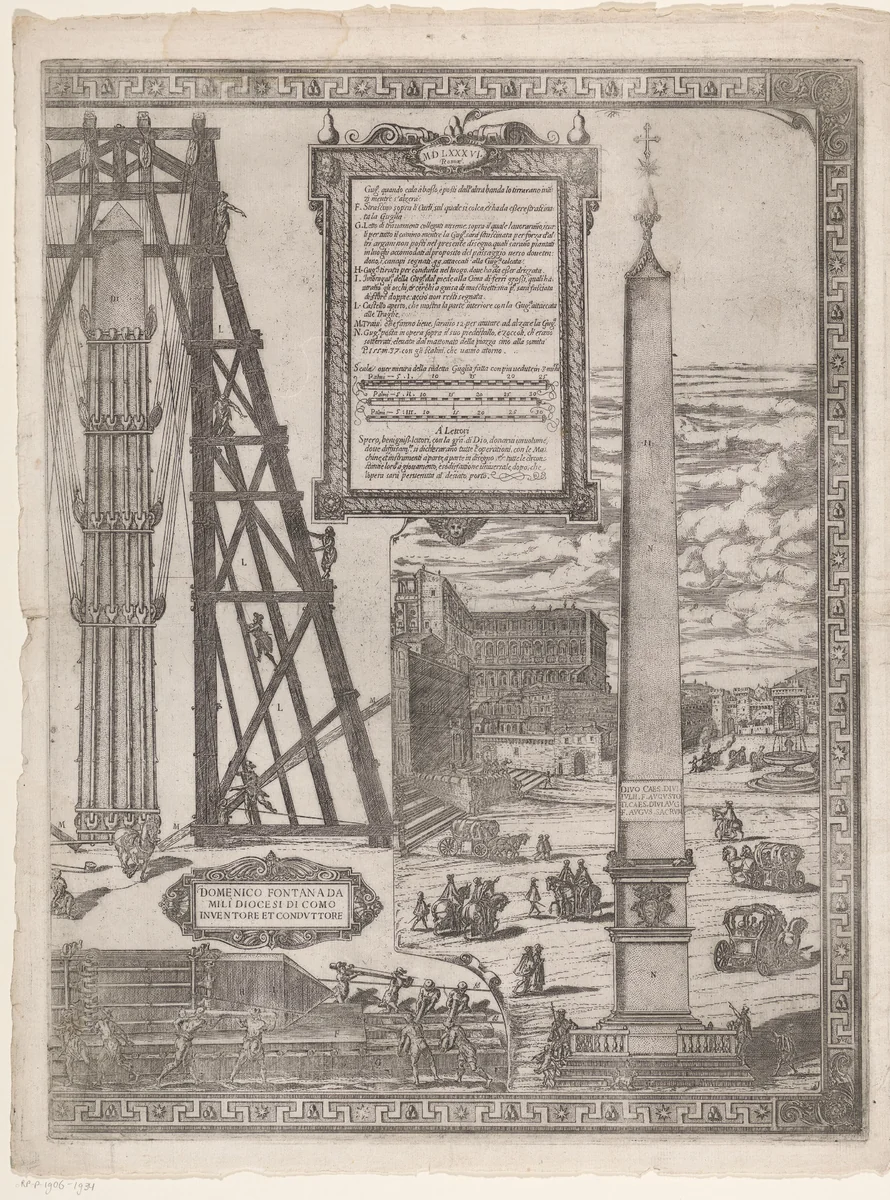 Het oprichten van de obelisk op het St. Pietersplein by Natale Bonifazio, print, 1586