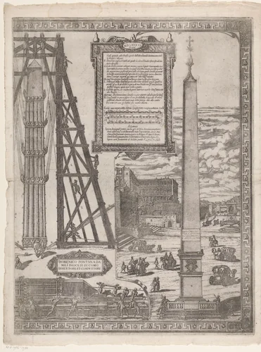 Het oprichten van de obelisk op het St. Pietersplein by Natale Bonifazio, print, 1586