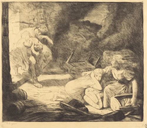 The Fire, 2nd plate (L'incendie) by Alphonse Legros, print, 1837-1911