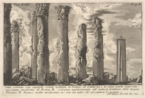Seven columns of the Temple of Juturna with Corinthian capitals . . . (Sette colonne con capitelli corinti spettanti al Tempio di Giuturna . . .) by Giovanni Battista Piranesi, print, 1730-1778