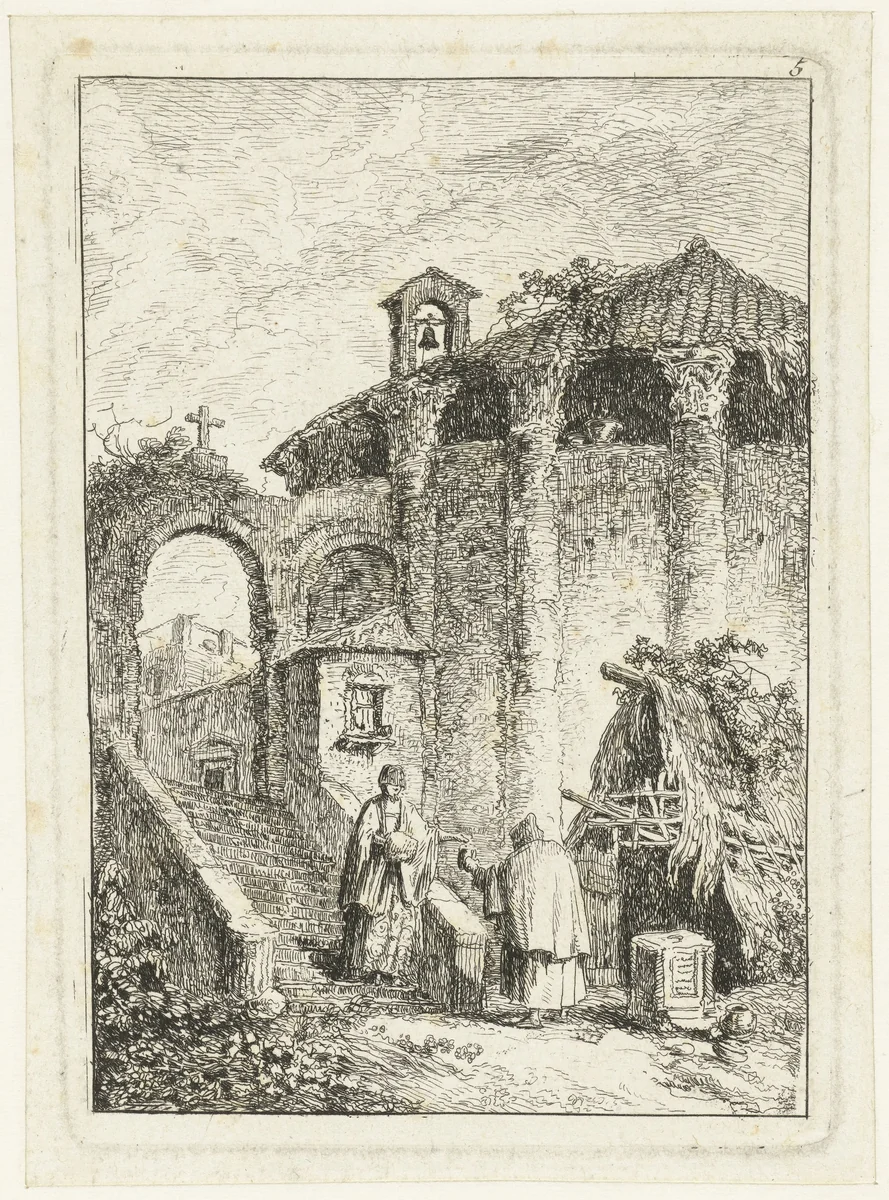 Antieke tempel by Hubert Robert, print, 1763-1766