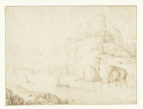 Stad met hoge rotsen gelegen aan een rivier by Pieter Bruegel, drawing, 1560