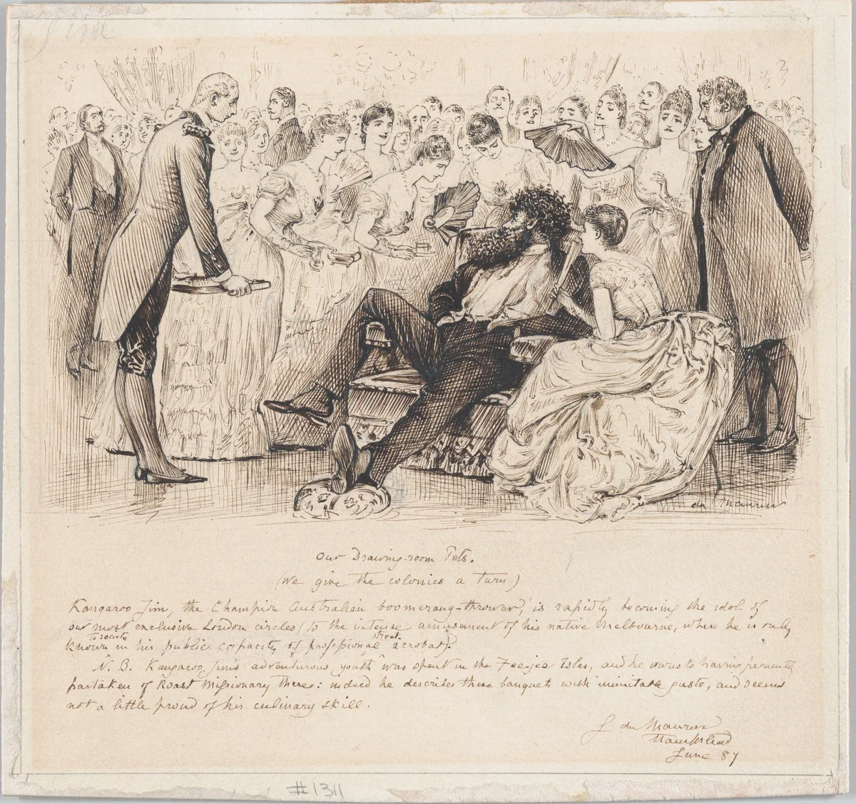 Our Drawing-room Pets–with 'Kangaroo Jim, the Champion Australian boomerang-thrower', for "Punch" by George Du Maurier, drawing, 1887