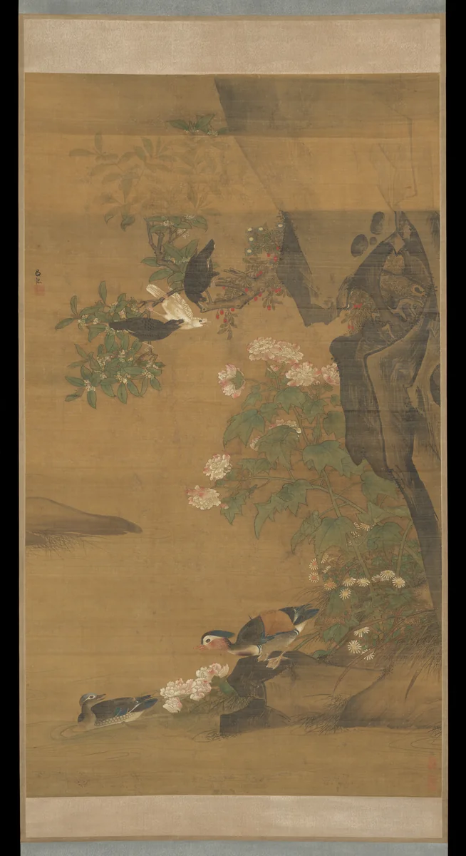 Mandarin ducks and cotton rose hibiscus by Lü Ji (呂紀), painting, 1467-1499