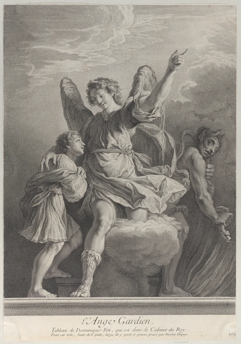 The Guardian Angel, stepping off a cloud and putting his arm around a young boy at left while a demon walks away at right by Nicolas Gabriel Dupuis, print, 1729-1740