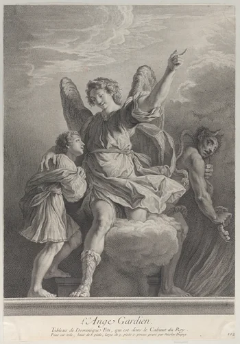 The Guardian Angel, stepping off a cloud and putting his arm around a young boy at left while a demon walks away at right by Nicolas Gabriel Dupuis, print, 1729-1740