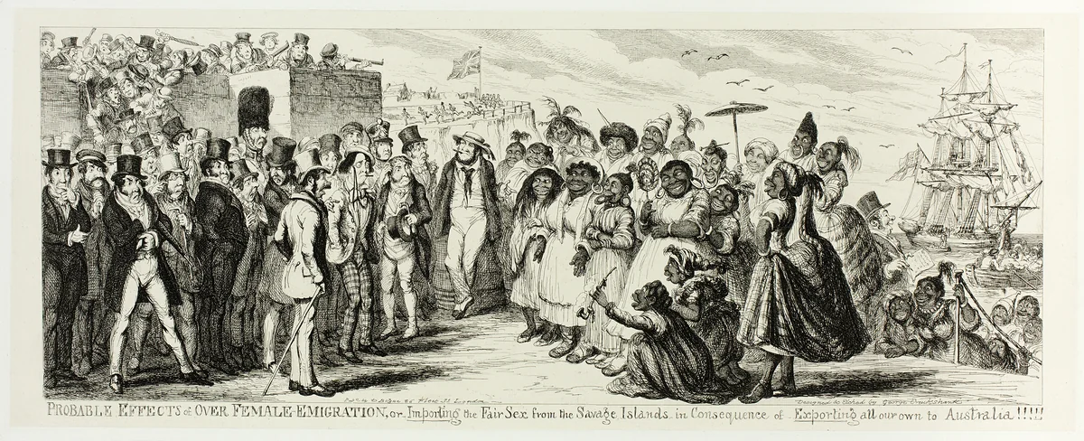 Probable Effects of Over Female Emigration, or Importing the Fair Sex from the Savage Islands in Consequence of Exporting All Our Own to Australia!!!!! from George Cruikshank's Steel Etchings to The Comic Almanacks: 1835-1853 by George Cruikshank, print, 1851