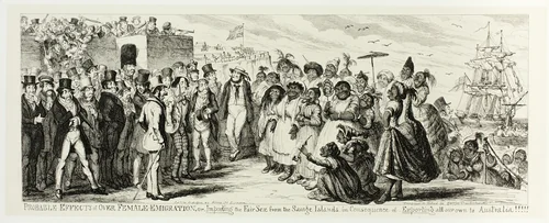 Probable Effects of Over Female Emigration, or Importing the Fair Sex from the Savage Islands in Consequence of Exporting All Our Own to Australia!!!!! from George Cruikshank's Steel Etchings to The Comic Almanacks: 1835-1853 by George Cruikshank, print, 1851