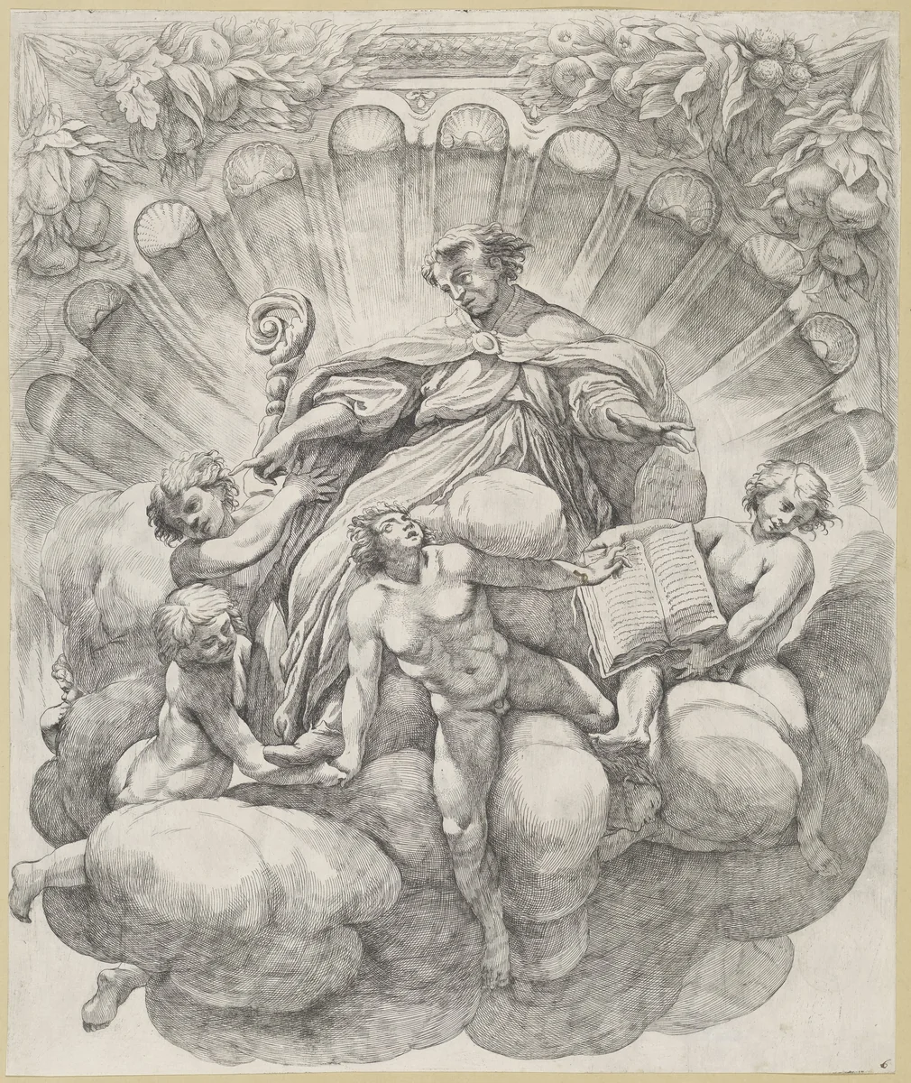 Bisschop omgeven door zes engelen by Giovanni Battista Vanni, print, 1609-1660
