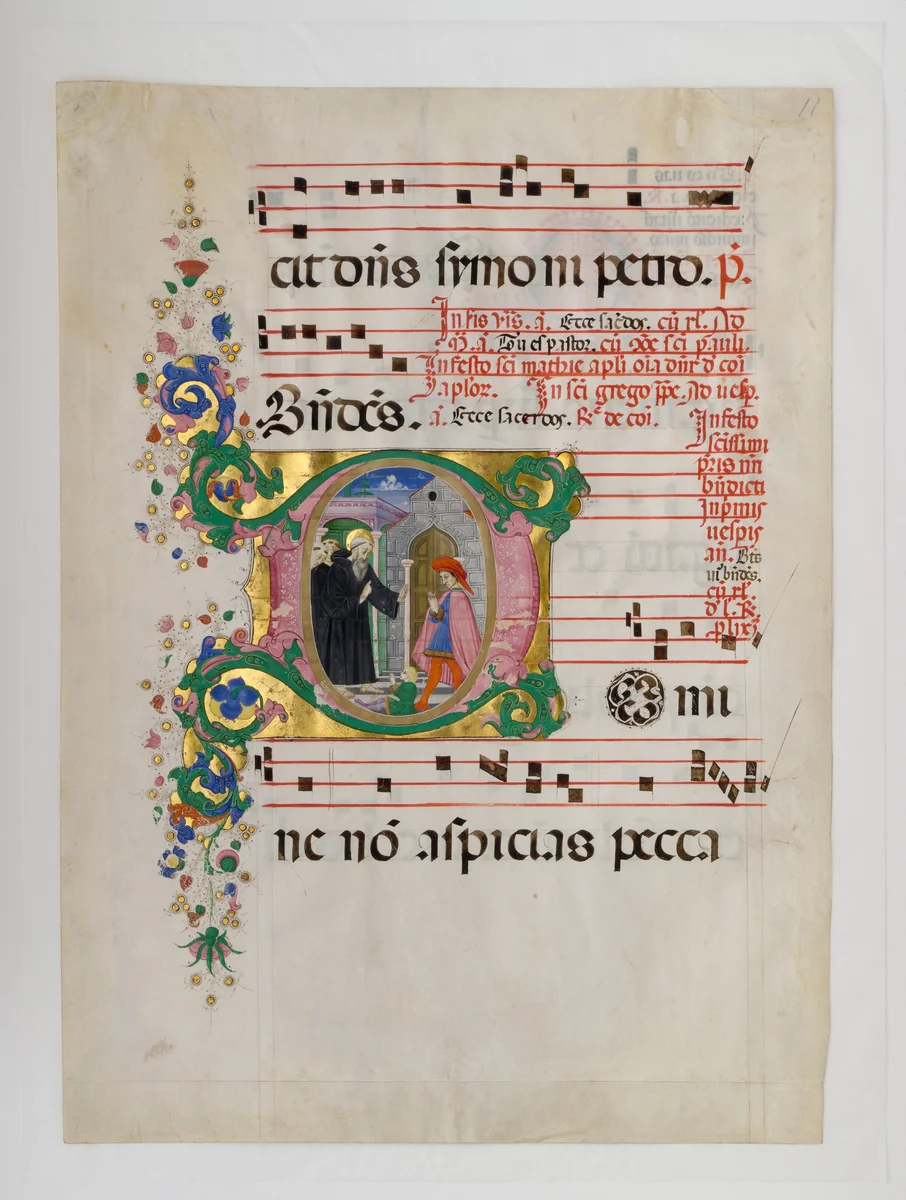 Manuscript Leaf with Saint Benedict Resuscitating a Boy in an Initial D, from an Antiphonary by Master of the Riccardiana Lactantius, manuscript, 1450-1499