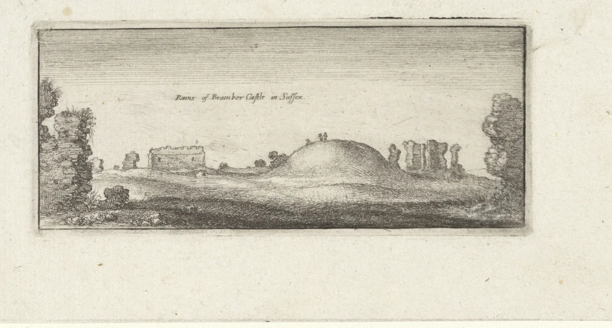 Gezicht op ruïnes van Bramber Castle by Wenceslaus Hollar, print, 1625-1677
