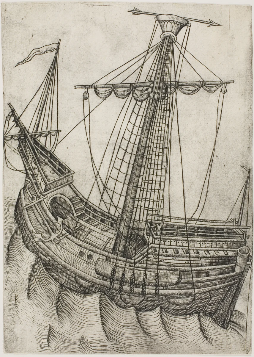 Ship with Sails Furled and Arrow Pointing to the Right by Master W with the Key, print, 1475-1485