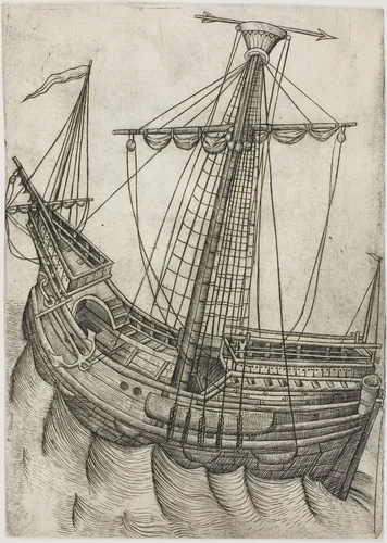 Ship with Sails Furled and Arrow Pointing to the Right by Master W with the Key, print, 1475-1485