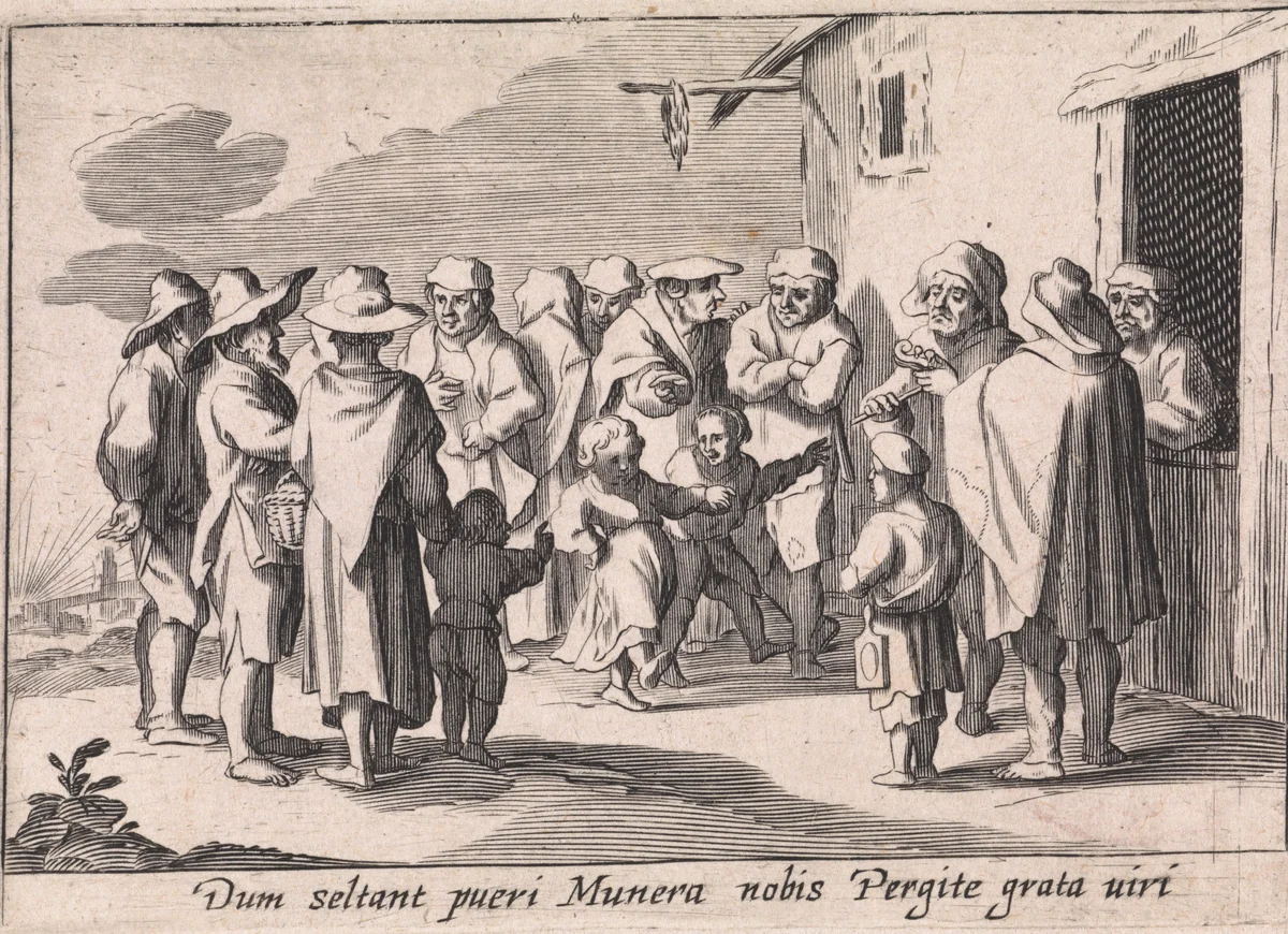 Arme kinderen dansen voor een herberg by anonymous, print, 1629