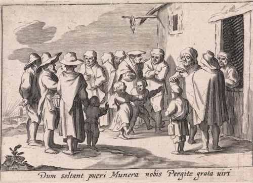 Arme kinderen dansen voor een herberg by anonymous, print, 1629