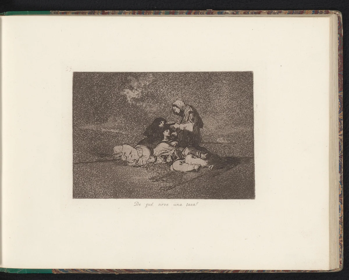 Vrouw voedt drie anderen met één kom by Francisco de Goya, book, 1810-1820